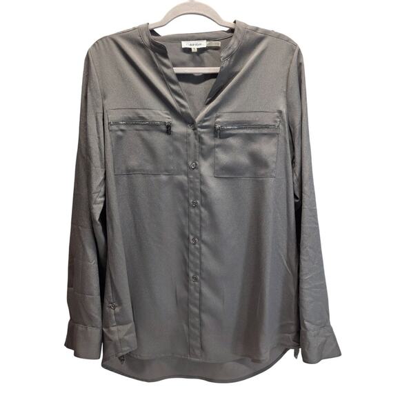 Calvin Klein Women's Silver Button-Down Roll Sleeve Zipper Pocket Blouse, Medium - Picture 1 of 13